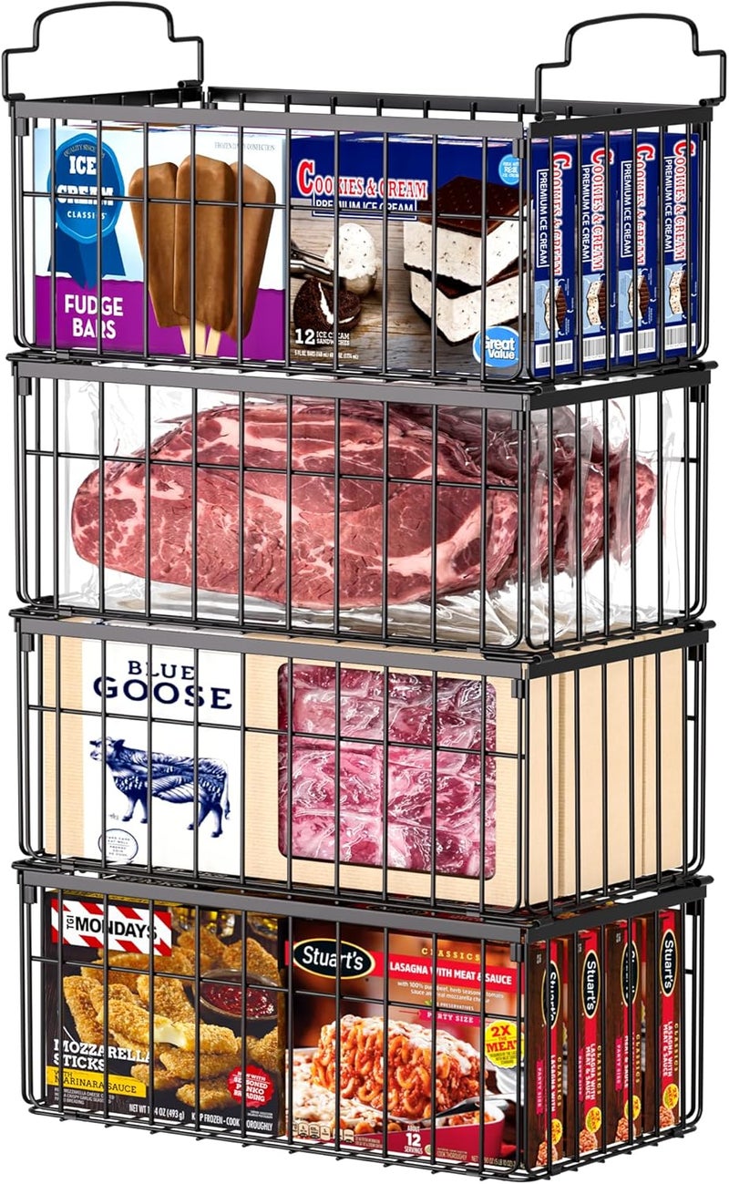 MSERCUOR Freezer Organizer Bins, 4 Pack Stackable Deep Chest Freezer Organizer Bins, Foldable Baskets with Handles, Black Storage Container Baskets for 5/ 7 Cu.FT Deep Freezer Sort Frozen Meats - Image 1